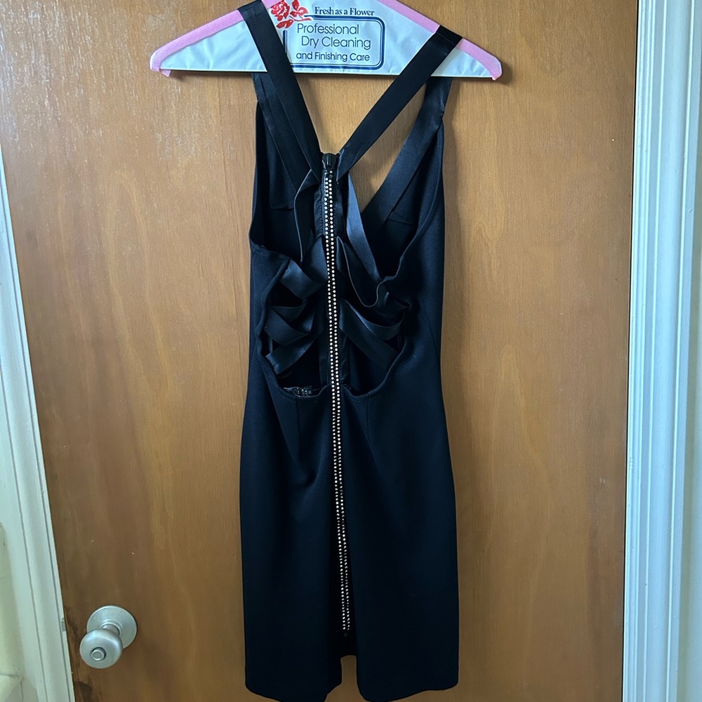 BEBE rhinestone zip pointe little black dress size XS (retail $169) - Picture 2 of 6